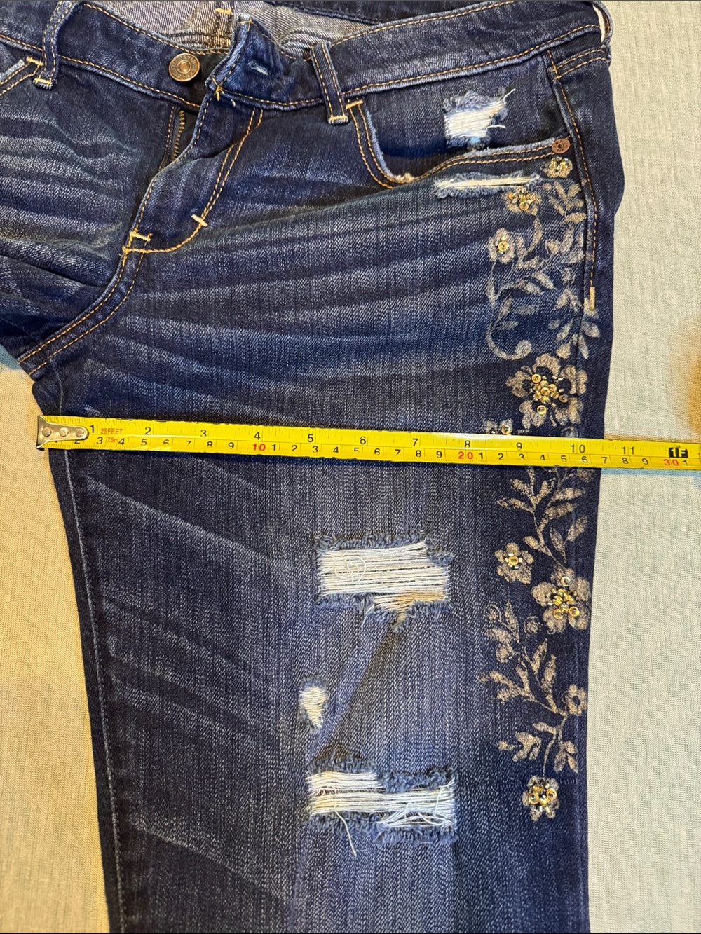 Abercrombie & Fitch Dark Blue Straight Leg Jeans with Gold Floral Embroidery - Picture 5 of 10